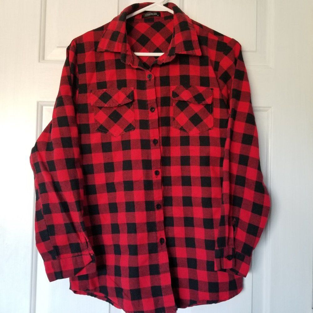 Oyamiki Women's Casual Long Sleeve Boyfriend Plaid Flannel Shirt M